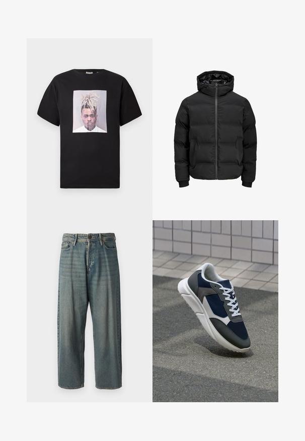 Geacă neagră căptușită cu glugă, având un fermoar frontal, manșete rib knit și o textură netedă. Fără logo-uri sau modele vizibile.; Tricou din bumbac negru cu gât rotund, având un print mare pe față cu un portret într-un cadru pătrat. Mâneci scurte, croială lejeră.; Jeans din denim bleu deschis, cu o croială lejeră, talie medie și picioare drepte. Au cinci buzunare, bucle pentru curea și închidere cu nasture.; Adidași cu un uppers din plasă albastră închisă, accente din suede gri, talpă din cauciuc alb și șireturi plate albe, concepuți pentru confort și respirabilitate.