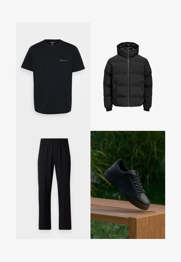 Musta polsterdatud jakk kapuutsiga, millel on ees lukk, soonikkoes varrukad ja sile tekstuur. Nähtavaid logosid või mustreid pole.; Mustast puuvillane t-särk lühikeste varrukatega, mille vasakul rindkere piirkonnas on väike kuldne broderi "Originals" logo. Klassikaline ringkaeluse disain.; Mustad, elastse puusärgid sirge säärega, mis on sileda tekstuuriga ja ilma nähtavate mustrite või riistadega.; Mustast nahkjalanõustikust kets, millel on paelad, näib hõljuvat puidust pingil, rohelise muru ja taimede uduses taustas.