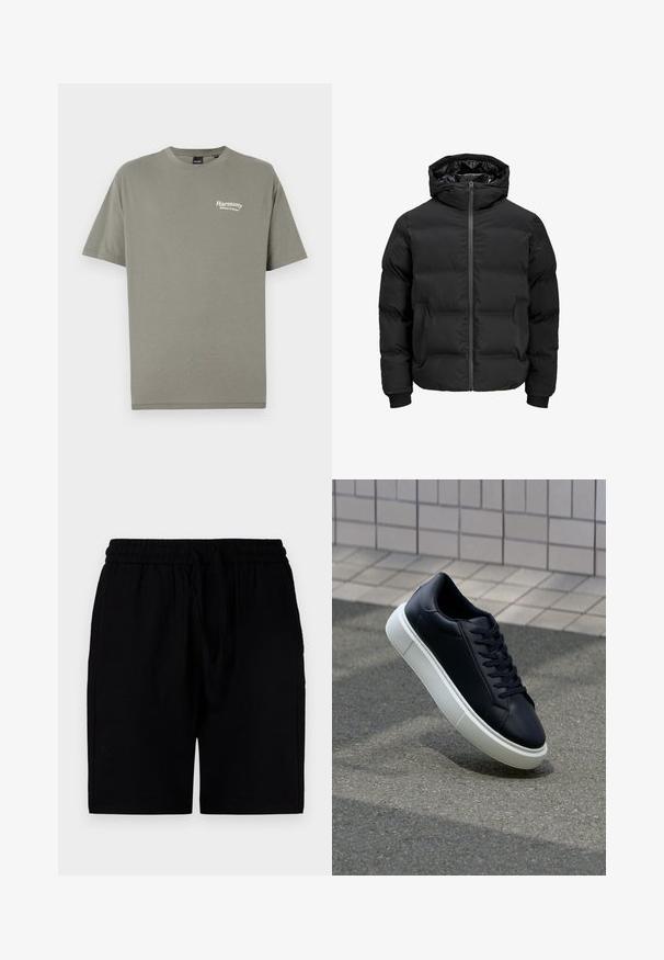 Schwarze gepolsterte Jacke mit Kapuze, ausgestattet mit einem Reißverschluss auf der Vorderseite, gerippten Ärmelbündchen und einer glatten Textur. Keine sichtbaren Logos oder Muster.; Olivegrünes Baumwoll-T-Shirt mit kurzen Ärmeln, Rundhalsauschnitt und weißen Text mit der Aufschrift "Harmonie Gleichgewicht in der Natur" auf der linken Brust.; Schwarze Shorts aus leichtem Material mit einem elastischen Bund und Kordelzug, Seitentaschen und einem lockeren Schnitt.; Schwarze Leder-Sneaker mit runder Zehenpartie und weißer Gummisohle. Verfügt über flache Schnürsenkel und minimale Nähte im Obermaterial. Strukturiertes Sohlenprofil für besseren Halt.