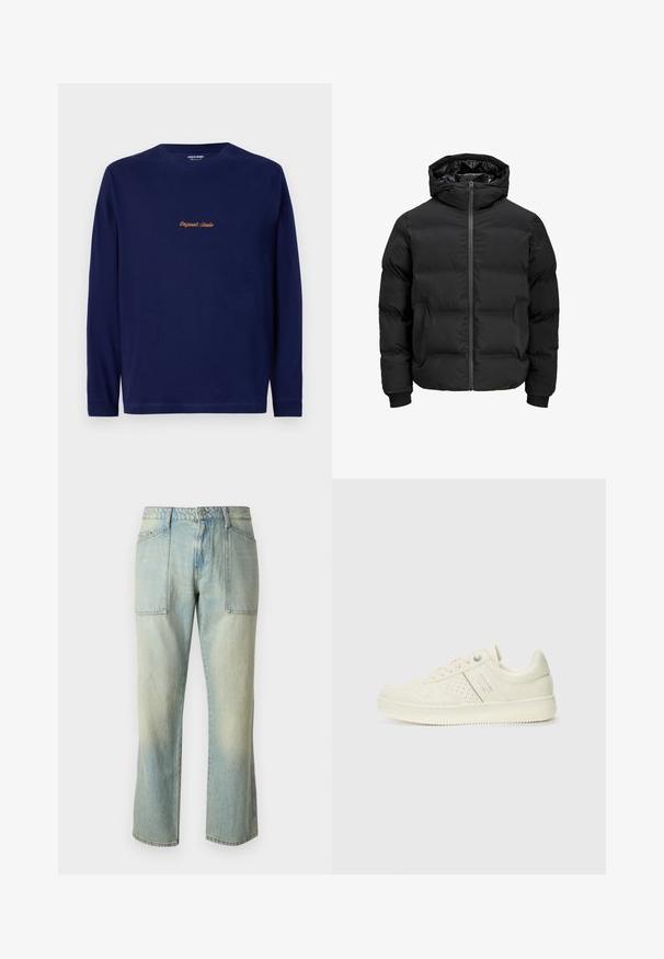 Svart polstret jakke med hette, med glidelås foran, ribbestrikkede mansjetter og en jevn tekstur. Ingen synlige logoer eller mønstre.; Marineblå langermet skjorte med "Originals Studio" brodert i gull på brystet, presentert mot en enkel hvit bakgrunn.; Lyseblå denimjeans med rett benutskjæring, synlige sømmer og to store frontlommer. Stoffet har en falmet tekstur.; Kremfargede sneakers med perforerte detaljer, snøring og logo på siden, vist mot en enkel hvit bakgrunn.
