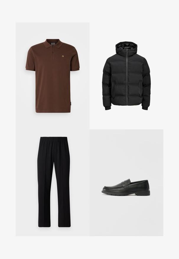 Čierna vypchatá bunda s kapucňou, s predným zipsom, patentnými manžetami a hladkým povrchom. Žiadne viditeľné logá ani vzory.; Hnedé polo tričko z bavlny s krátkymi rukávmi, trojkový gombíkový zapínací systém a malé žlté logo na hrudi. Jednoduchý dizajn.; Čierne nohavice s elastickým pásom a rovnými nohavicami, majú hladkú textúru a žiadne viditeľné vzory ani kovové doplnky.; Čierne kožené mokasíny s hladkým povrchom, vrchnou časťou v štýle mokasín, prešitým detailom a gumovou podrážkou. Klasický dizajn s nízkym podpätkom.