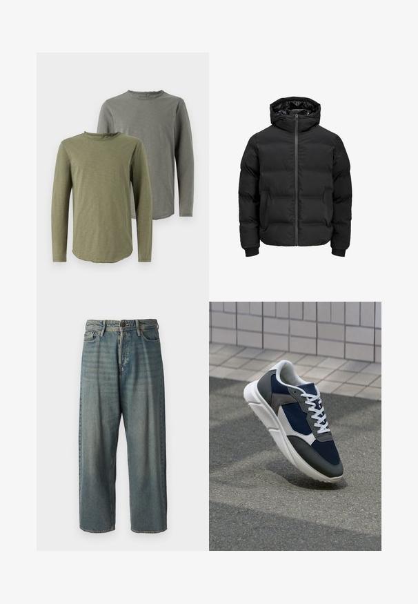 Black padded jacket with a hood, featuring a front zipper closure, ribbed cuffs, and a smooth texture. No visible logos or patterns.; Long-sleeve T-shirts in olive green and gray. Soft fabric with a round neck and curved hem. Simple design, no patterns or embellishments.; Light blue denim jeans with a loose fit, mid-rise waist, and straight legs. Features five pockets, belt loops, and a button closure.; Sneaker featuring a navy blue mesh upper, gray suede accents, white rubber sole, and flat white laces, designed for comfort and breathability.