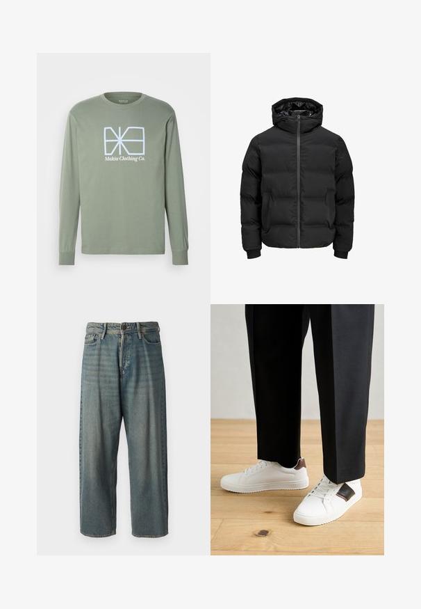 Juoda paminta striukė su gobtuvu, su priekiniais užtrauktukais, raštuotais rankogaliais ir lygia tekstūra. Nėra matomų logotipų ar raštų.; Šviesiai žalia medvilninė ilgomis rankovėmis palaidinė su balta grafika "Makia Clothing Co." centre ant krūtinės, su prigludusiais rankogaliais.; Šviesiai mėlyni džinsai su laisvu siluetu, vidutinio aukščio juosmeniu ir tiesiomis kojomis. Su penkiais kišenėmis, diržo kilpo ir mygtukų uždarymu.; Balti sportbačiai su glotnia danga, puošti rudais odiniais akcentais ir juodais detalėmis, derinami su juodais pritaikytais kelnėmis. Medinių grindų fonas.