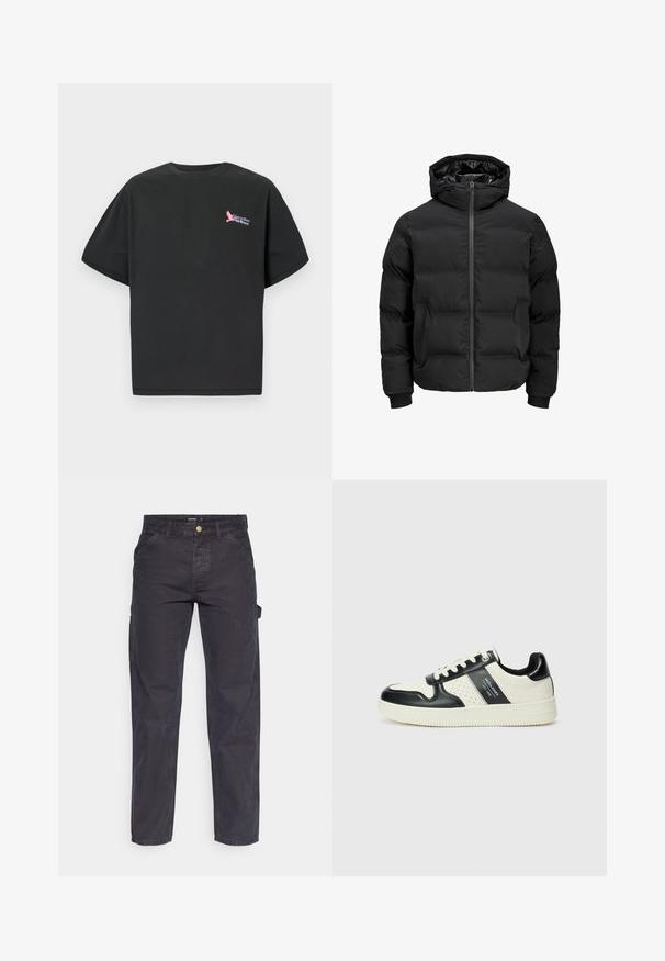 Črna podložena jakna s kapuco, z zadrgo na sprednji strani, rebrastimi manšetami in gladko teksturo. Brez vidnih logotipov ali vzorcev.; Črna bombažna majica s kratkimi rokavi, ki na levem prsnem predelu prikazuje pisan logotip "Paradiso Airlines". Standardna zasnova s krožnim izrezom.; Temno sivi cargo hlače iz trpežnega materiala, z ravnim krojem nogavic, petimi žepi in gumbom za zapiranje v pasu.; Usnjeni športni čevlji z črno in krem barvno shemo, ki vključujejo perforirane dodatke, podložen ovratnik in strukturirano podplat.