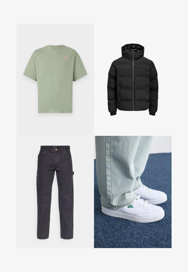 Črna podložena jakna s kapuco, z zadrgo na sprednji strani, rebrastimi manšetami in gladko teksturo. Brez vidnih logotipov ali vzorcev.; Svetlo zelena bombažna majica s krožnim izrezom in kratkimi rokavi, z majhnim roza besedilom "SURFERS PARADISE" na levi strani.; Temno sivi cargo hlače iz trpežnega materiala, z ravnim krojem nogavic, petimi žepi in gumbom za zapiranje v pasu.; Bela usnjena športna obutev z zelenim Nike logotipom, okrogla konica, ravna podplat, v kombinaciji z svetlo modrimi kavbojkami, prikazana na modrem preprogu.