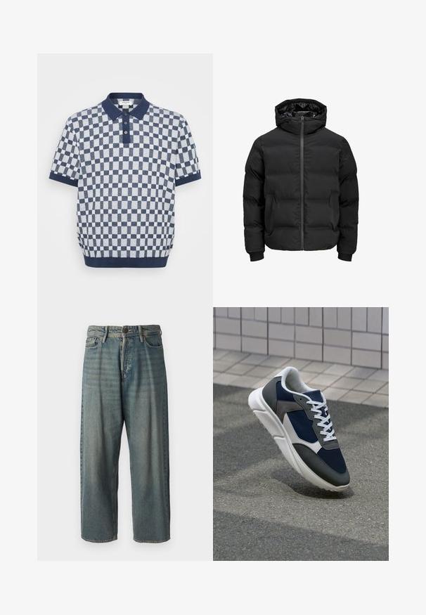 Juoda paminta striukė su gobtuvu, su priekiniais užtrauktukais, raštuotais rankogaliais ir lygia tekstūra. Nėra matomų logotipų ar raštų.; Tamsiai mėlynas ir baltas šachmatinėmis dėmėmis polo marškinėliai, trumpomis rankovėmis, su reljefiniu apykaklės ir sagų iškarpomis. Megzto audinio tekstūra su pakaitinėmis kvadratėmis.; Šviesiai mėlyni džinsai su laisvu siluetu, vidutinio aukščio juosmeniu ir tiesiomis kojomis. Su penkiais kišenėmis, diržo kilpo ir mygtukų uždarymu.; Sportiniai bateliai su tamsiai mėlynu tinkliniu viršumi, pilkais zomšiniais akcentais, balta guma padanga ir plokščiomis baltomis raištelėmis, sukurti komfortui ir oro pralaidumui.