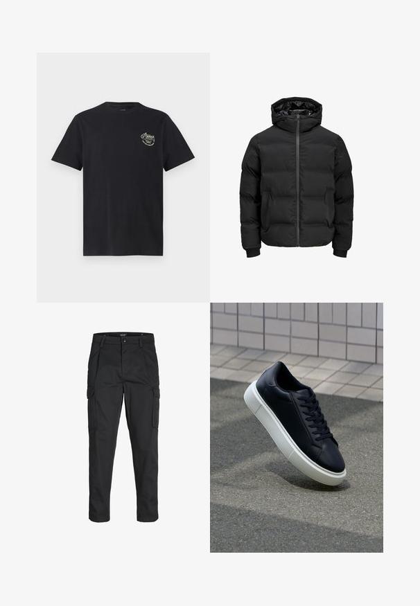 Črna podložena jakna s kapuco, z zadrgo na sprednji strani, rebrastimi manšetami in gladko teksturo. Brez vidnih logotipov ali vzorcev.; Črna bombažna majica s kratkimi rokavi in okroglo ovratnikom. Na zgornjem levem delu prsi ima majhen bel grafični napis.; Črne cargo hlače iz trdnega blaga, ki imajo več žepov, gumbasto zapiranje in ozek kroj z zožanimi nogami.; Črne usnjene superge z zaobljenim prstom in belim gumijastim podplat. Imajo ravne vezalke in minimalno šivanje na zgornjem delu. Teksturirani podplat za oprijem.
