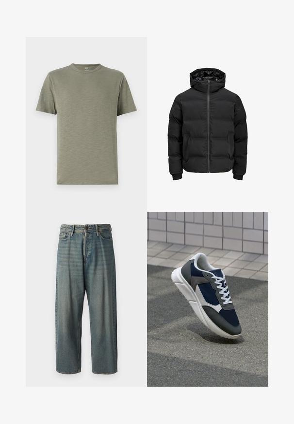 Musta polsterdatud jakk kapuutsiga, millel on ees lukk, soonikkoes varrukad ja sile tekstuur. Nähtavaid logosid või mustreid pole.; Oliivroheline puuvillane T-särk ümmarguse kaelusega, lühikeste varrukatega ja pehme, siledapinnaga. Lihtne disain ilma mustrite või aktsentideta.; Heledad sinine denim-stiilis teksad, volüümse lõike, keskmise kõrgusega talje ja sirgete säärega. Omab viit taskut, vöökumme ja nööpide sulgemist.; Sneaker, mille sinine võrkkangas, hallid nubukdetailid, valge kummitald ja lamedad valged paelad, disainitud mugavuseks ja hingavuseks.