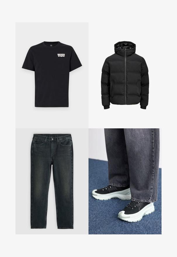 Sort polstret jakke med hætte, der har en frontlynlås, ribbede manchetter og en glat tekstur. Ingen synlige logoer eller mønstre.; Sort bomulds t-shirt med korte ærmer, rund halsudskæring og et lille hvidt Levi's-logo på venstre forsides. ; Sorte denim jeans med lige ben, fem-lomme design og subtile falmning detaljer. Har knap- og lynlåslukning.; Sorte atletiske sko med et tekstureret stykke stof på overdelen, hvid mellemsål, sorte snørebånd og gummisål, parret med grå vide bukser.