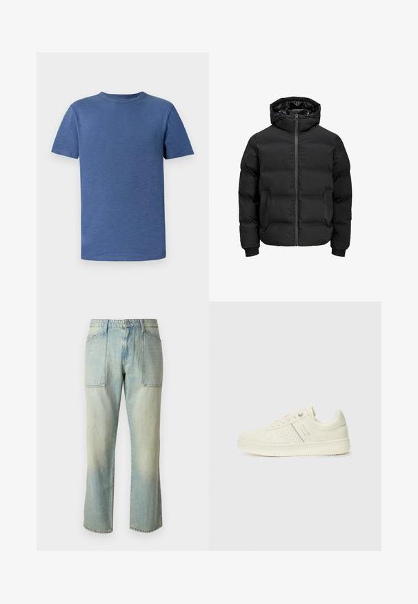 Fekete steppelt dzseki kapucnival, elülső cipzárral, bordázott ujjaival és sima textúrájával. Nincsenek látható logók vagy minták.; Kék rövidujjú póló, textúrált anyagból készült. Klasszikus kerek nyakkal és laza szabással rendelkezik, látható minták vagy díszítések nélkül.; Világoskék farmer nadrág egyenes szárú kivitelben, látható varrással és két nagy elülső zsebbel. Az anyag fonott textúrájú.; Krém színű sneaker perforált részletekkel, fűzőkkel és logóval az oldalán, egy sima fehér háttér előtt kiállítva.