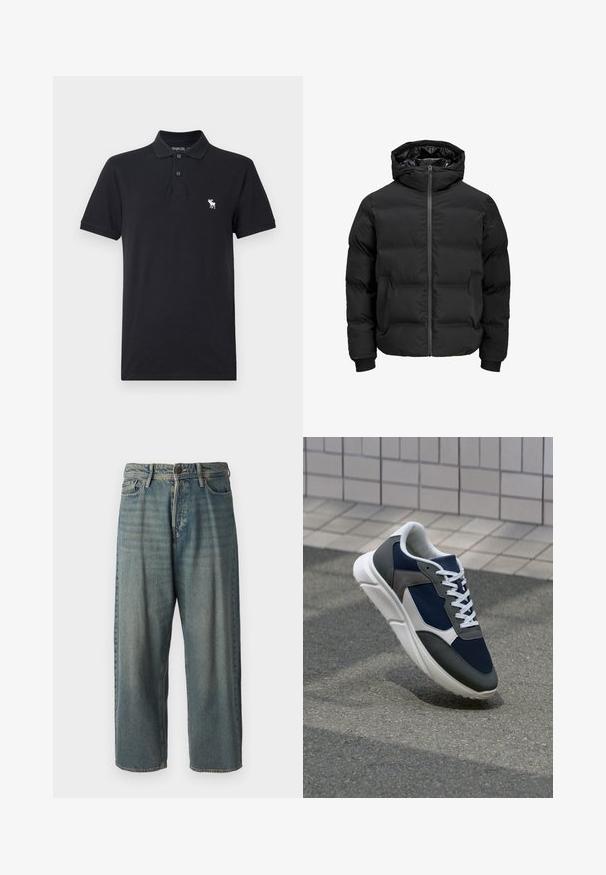 Fekete steppelt dzseki kapucnival, elülső cipzárral, bordázott ujjaival és sima textúrájával. Nincsenek látható logók vagy minták.; Fekete pólóing, pamutból készült. Galléros, két gombbal, és egy kis fehér logóval a bal mellen. Rövid ujjú, minta nélküli.; Világoskék farmernadrág, laza fazonnal, közepes derékbőséggel és egyenes szárral. Öt zsebet, övbucskát és gombos záródást tartalmaz.; Cipő, amelynek sötétkék hálós felsőrésze, szürke velúr díszítései, fehér gumitalpa és lapos fehér fűzője van, a kényelem és a légáteresztő képesség érdekében tervezve.