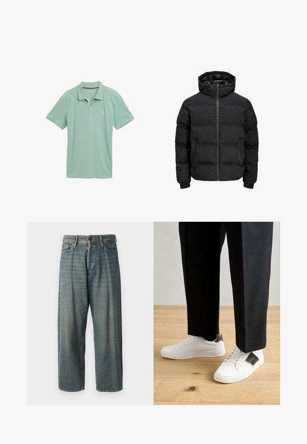 Čierna vypchatá bunda s kapucňou, s predným zipsom, patentnými manžetami a hladkým povrchom. Žiadne viditeľné logá ani vzory.; Svetlozelená polokošeľa z priedušného materiálu s krátkymi rukávmi. Obsahuje trojité zapínanie na gombíky a nenápadné logo na hrudi.; Svetlomodré denimové nohavice so voľným strihom, stredne vysokým pásom a rovnými nohavicami. Obsahujú päť vreciek, pútka na opasok a zapínanie na gombík.; Biele tenisky s hladkým povrchom, s hnedými koženými akcentmi a čiernymi detailmi, spárované s čiernymi elegantnými nohavicami. Pozadím je drevená podlaha.