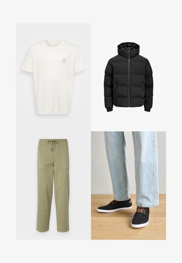 Veste noire rembourrée avec capuche, dotée d'une fermeture éclair sur le devant, de poignets à côtes et d'une texture lisse. Pas de logos ou de motifs visibles.; T-shirt à manches courtes et col ras du cou en coton ivoire. Présente un petit graphique de soleil sur la poitrine gauche. Texture douce, coupe décontractée.; Pantalons vert olive clair en tissu mélangé coton, dotés d'une taille élastique avec cordon de serrage et de deux grandes poches latérales.; Baskets en toile noires avec des accents marron, semelles en caoutchouc blanches et lacets marron, associées à un jean droit bleu clair. Fond en bois.