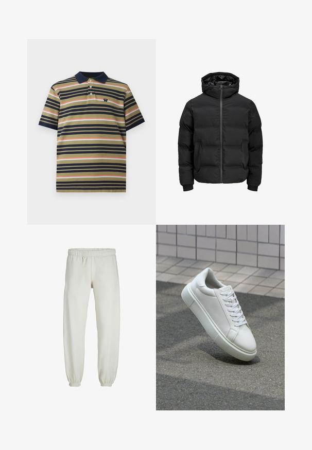 Musta polsterdatud jakk kapuutsiga, millel on ees lukk, soonikkoes varrukad ja sile tekstuur. Nähtavaid logosid või mustreid pole.; Lühikeste varrukatega polo särk tumesinise kraega, oliivrohelise alusega ja horisontaalsete triipudega tumedasinisest, korallist ja helesinisest, millel on väike rindlogo.; Valged trennipüksid, mis on valmistatud pehmest kangast, elastse vöökoha ja mansettidega, sileda tekstuuri ja lõdva lõikega.; Valge nahkline sneka, millel on sile pind, ümar varvas ja lame valge pael. Omab tekstuuriga kummist talla ja minimaalset kujunduselementi.