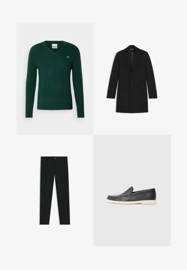 Cappotto nero con colletto a faccetta, design monopetto, tre bottoni, due tasche laterali e un rivestimento interno trapuntato.; Maglione a V in verde scuro, realizzato in materiale morbido. Design aderente con maniche lunghe e un piccolo logo ricamato sul petto.; Pantaloni neri in tessuto lisci, con design a gamba dritta. Presentano una chiusura frontale con bottone e passanti per cintura. Senza fantasie.; Mocassini neri in pelle con finitura testurizzata e suola in gomma beige a contrasto. Presentano un accento sottile lungo la parte anteriore.