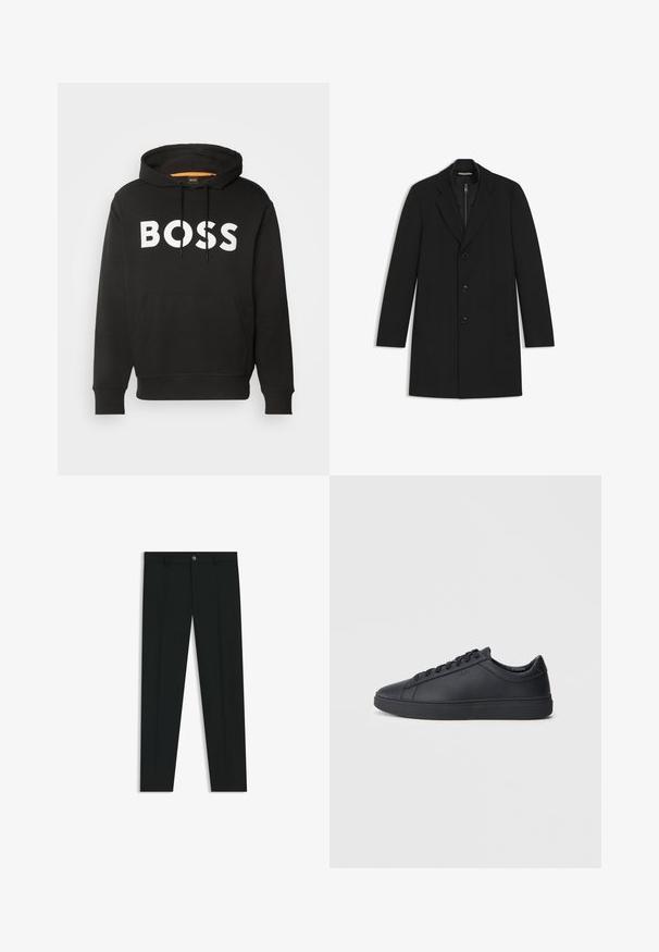 Czarny płaszcz z wysmuklonym kołnierzem, jednorzędowy, z trzema guzikami, dwiema bocznymi kieszeniami i pikowaną wewnętrzną warstwą.; Czarna, kapturowa bluza wykonana z mieszanki bawełny, z dużym białym logo "BOSS" na przodzie oraz kieszenią typu kangurka na wysokości talii.; Czarne spodnie materiałowe z prostymi nogawkami, wykonane z gładkiego materiału. Posiadają zamek na guzik z przodu oraz szlufki na pasek. Gładkie, bez wzorów.; Czarne trampki wykonane z gładkiej skóry, w niskim kroju, z okrągłym noskiem i płaską gumową podeszwą. Posiadają sznurówki oraz dyskretną markę.