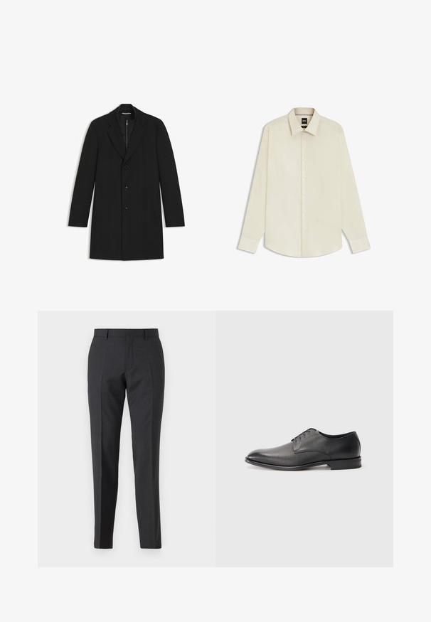 Schwarzer Mantel mit Reverskragen, einreihiger Knopfverschluß, drei Knöpfe, zwei Seitentaschen und einer gesteppten Innenschicht.; BOSS JOE KENT - Businesshemd - open white eleven; Dunkelgraue maßgeschneiderte Hose mit geradem Schnitt, verfügt über Seitentaschen und eine subtile Textur. Die Verschlüsse umfassen einen Reißverschluss und Gürtelschlaufen.; Schwarzer Leder-Herrenschuh mit Schnürsenkeln, flachem Absatz und glatter, leicht strukturierter Oberfläche auf weißem Hintergrund.