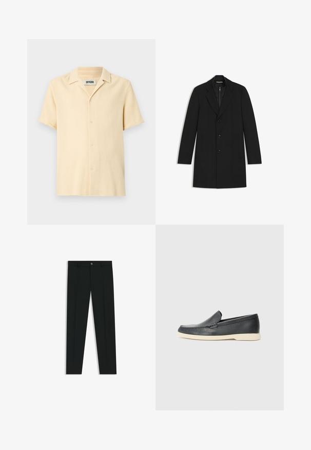 Mustalla pitkä takki, jossa on kaulukset, yksirivinappitus, kolme nappia, kaksi sivutaskua ja tikkivuori.; Lyhythihainen napillinen paita vaaleanbeigessä, jossa on texturaalinen, kudottu kuvio. Ominaisuuksiin kuuluu kuviolaputettu kaulus ja suora helma.; Musta housut, joissa on suora lahje, valmistettu sileästä kankaasta. Edessä nappisulku ja vyölenkit. Yksinkertainen ilman kuvioita.; Mustat nahkakengät ilman nauhoja, joissa on teksturoitu pinta ja kontrastoiva beige kumipohja. Kengissä on hillitty yksityiskohta etuosassa.