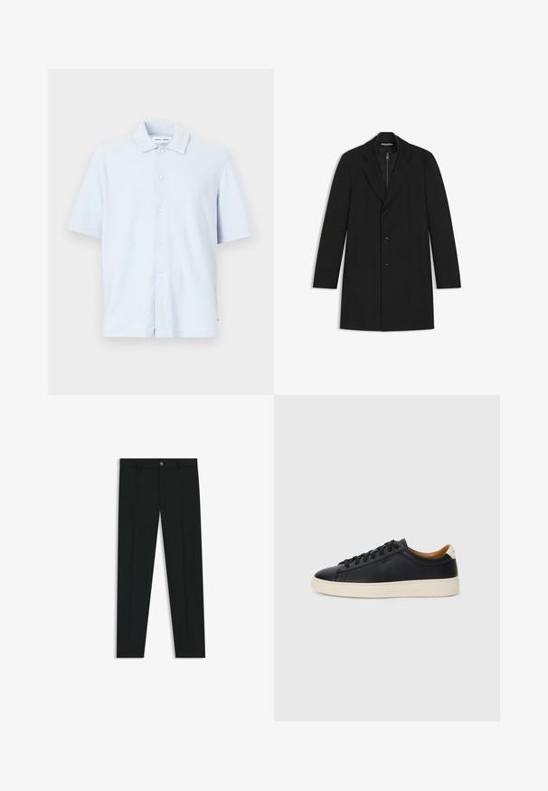 Abrigo negro con cuello de muesca, diseño de botones simples, tres botones, dos bolsillos laterales y una capa interna acolchada.; Camisa de manga corta azul claro, hecha de una tela suave, con un cierre de botones en la parte delantera y un diseño de cuello clásico.; Pantalones de vestir negros con un diseño de pierna recta, hechos de una tela suave. Cuentan con un cierre frontal de botón y lazos para cinturón. Liso, sin patrones.; Zapatillas negras de cuero con una textura suave, suela de goma beige, diseño de cordones y un acento en el talón de color contrastante.