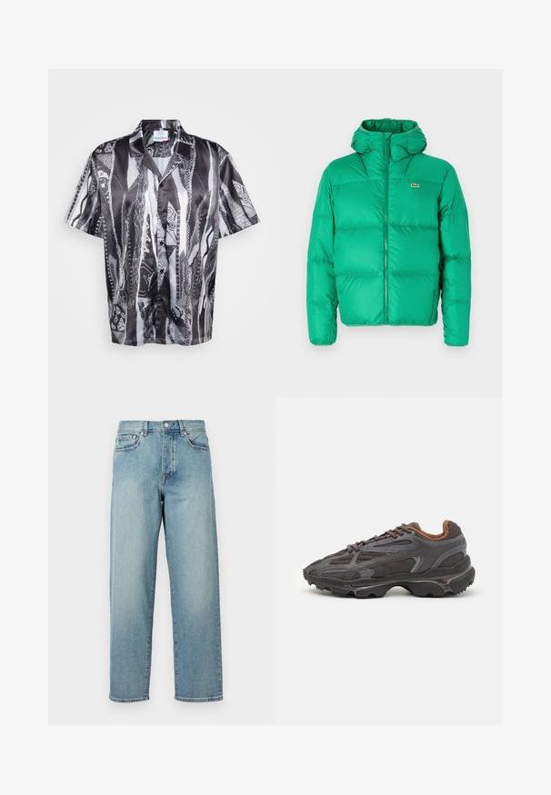 Zielona kurtka puchowa z kapturem, z zamkiem błyskawicznym, pikowaną konstrukcją oraz charakterystycznym logo na lewej piersi. Gładki, błyszczący materiał.; Koszula krótko rękawowa z przyciskiem w czarno-białym kolorze, z teksturowanym wzorem węża, z luźnym kołnierzykiem i gładkim wykończeniem tkaniny.; Jasnoniebieskie dżinsy o luźnym kroju, proste nogawki, pięć kieszeni i zapięcie na guzik w talii. Minimalistyczne detale w szwie.; Sneakers Lacoste w ciemnoszarym kolorze, wykonane z siateczki i materiału syntetycznego, z teksturowaną podeszwą oraz brązowymi akcentami na kołnierzu i logotypie.