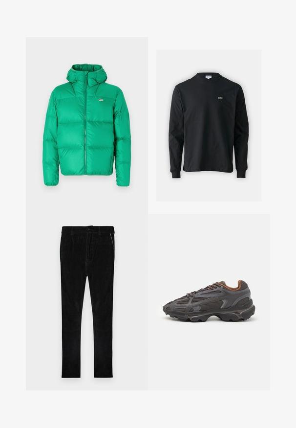 Green puffer jacket with a hood, featuring a zipper closure, quilted design, and signature logo on the left chest. Smooth, shiny material.; Black long-sleeve t-shirt made of cotton, featuring a round neckline and a small green embroidered crocodile logo on the left chest.; Black corduroy pants with vertical ribbing, featuring a classic button and zipper closure, side pockets, and straight cut legs.; Lacoste sneakers in dark gray with mesh and synthetic material, featuring a textured sole and brown accents on the collar and branding.