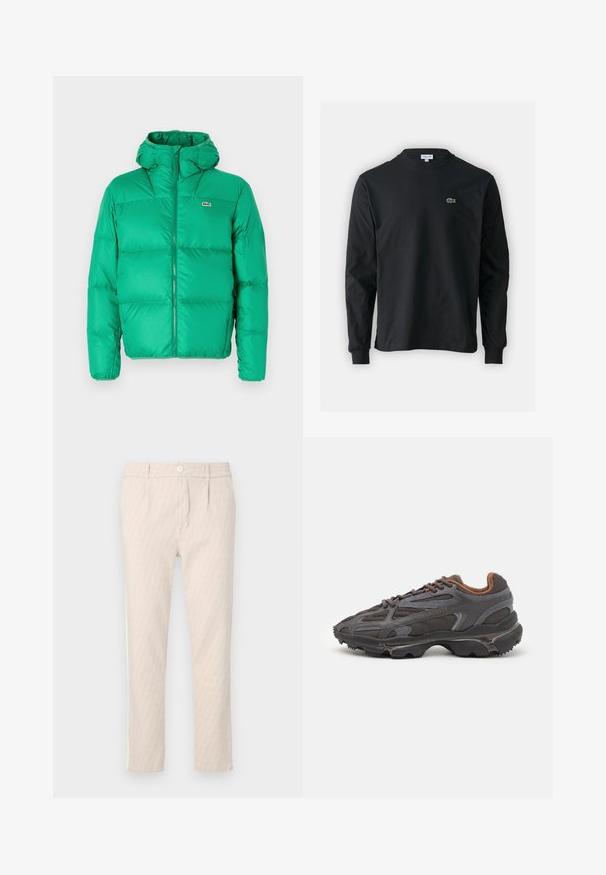 Zöld puffertöltött dzseki kapucnival, cipzáras záródással, steppelt dizájnnal és jellegzetes logóval a bal mellen. Sima, fényes anyag.; Fekete hosszú ujjú pamut póló, kerek nyakkivágással, bal mellen egy kis zöld hímzett krokodil logóval.; Bézs mintás nadrág, finom levélmintával, jól szabott, gombos záródással és oldalzsebekkel. Sima anyagtextúra.; Sötét szürke Lacoste sportcipők hálós és szintetikus anyagból, textúrázott talppal és barna díszítésekkel a nyak részen és a logón.