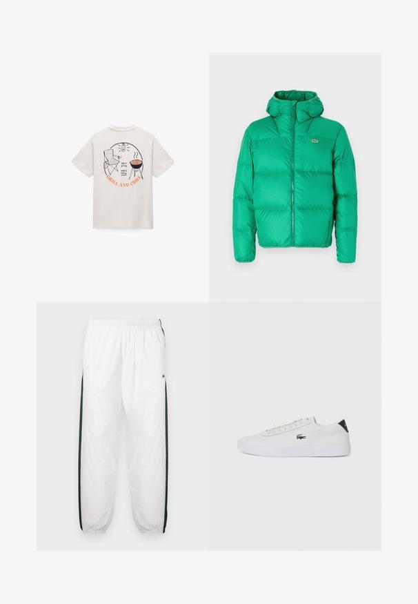 Jachetă puf verde cu glugă, cu închidere cu fermoar, design matlasat și logo-ul semnătură pe partea stângă a pieptului. Material neted, lucios.; Tricou alb cu imprimeu pe spate care arată un scaun pliant, un grătar cu cârnați, o lanternă și textul "425°F la grătar, 600°F pentru pizza la cuptor, GRĂTAR ȘI RELAXARE."; Pantaloni de trening albi cu panouri laterale de culoare verde închis. Material ușor, talie elastică și tivuri manșonate. Prezintă o textură din plasă pe panourile laterale.; Tenis din piele albă cu vârf rotund, sistem de prindere cu șireturi în față și accent negru la călcâi. Are un mic logo brodat cu crocodil pe lateral.