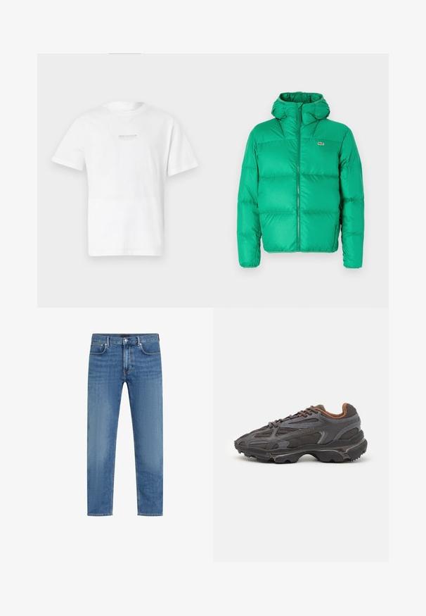Groene pufferjack met een capuchon, met een ritsluiting, gestikt ontwerp en het kenmerkende logo op de linkerborst. Glad, glanzend materiaal.; Witte katoenen T-shirt met korte mouwen, ronde hals en een eenvoudig gedrukt logo op de voorkant. Glad textuur en standaard pasvorm.; Blauwe recht gesneden denim jeans met vijf zakken, knoop- en ritssluiting, en subtiele vervaging op de dijen.; Lacoste sneakers in donkergrijs van mesh en synthetisch materiaal, met een gestructureerde zool en bruine accenten op de kraag en branding.