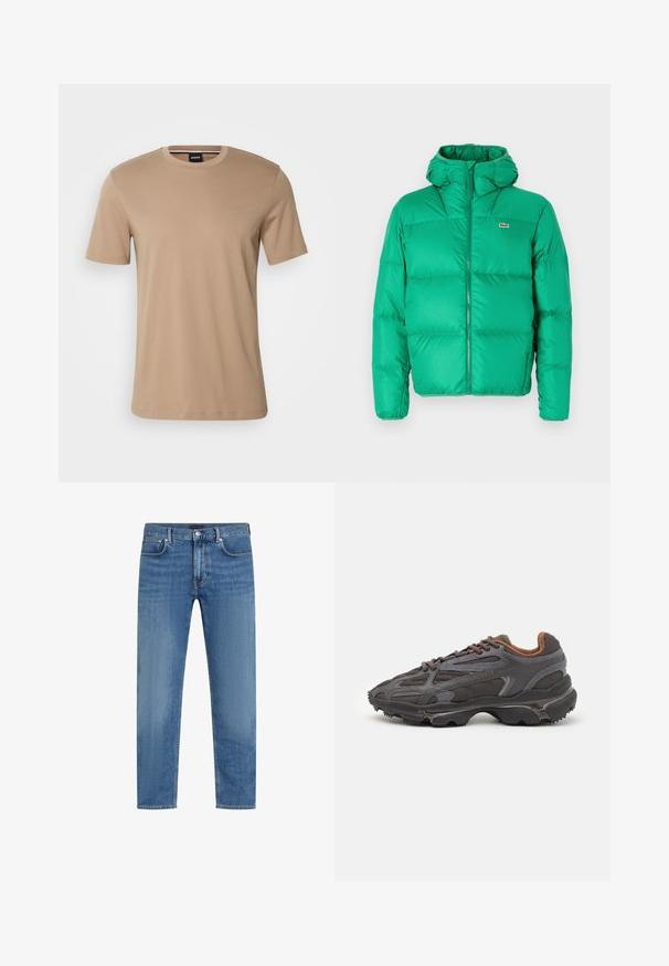 Grøn pufferjakke med hætte, der har lynlåslukning, kviltet design og signaturlogo på venstre bryst. Glat, skinnende materiale.; Beige kortærmet t-shirt lavet af glat bomuld, med rund hals og subtilt brandlogo på brystet. Enkel og minimalistisk design.; Blå straight-leg denimjeans med fem lommer, knap og lynlås lukning, og subtil falming på lårene.; Lacoste sneakers i mørkegrå med mesh og syntetisk materiale, udstyret med en tekstureret sål og brune accenter på kraven og brandingen.