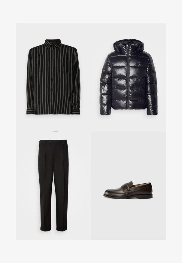 Melna pūkā bikses jaka ar spīdīgu, quilted tekstūru, ar kapuci, rāvējslēdzēja aizdari un elastīgiem piedurkņu galiem, lai nodrošinātu siltumu un komfortu.; Melna krekls ar vertikālām baltām svītrām, ar apkakli, garām piedurknēm, krūšu kabatu un pogu aizdari. Audums izskatās gluds un viegls.; Melnas bikses ar gludu tekstūru, diviem priekšējiem kabatām, taisnas griezuma un ar vienu pogu vidukļa daļā.; Calvin Klein Mokasīni - cocoa brown