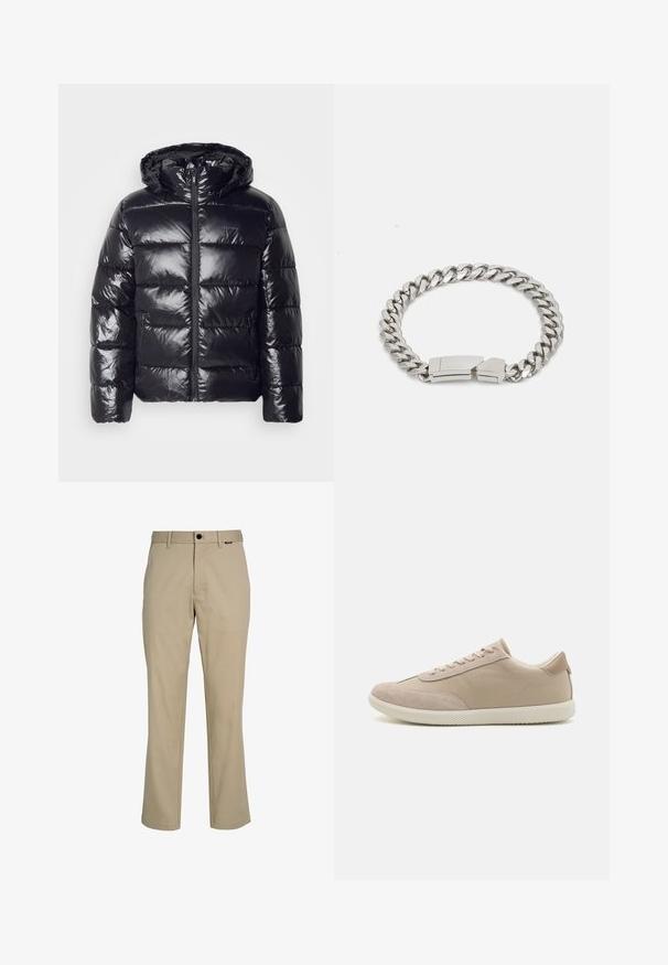 Fekete pufferszövet dzseki fényes, steppelt textúrával, kapucnival, cipzáras záródással és elasztikus mandzsettákkal a melegség és kényelem érdekében.; Zöld pamut póló rövid ujjakkal, kerek nyakkal, amelyen egy nagy fehér CK logó található a mellrészen, valamint a "Calvin Klein EST 1968" felirat.; Beige, egyenes szabású nadrág, pamut keverék anyagból készült. Laposhátú, övhurkokkal, gombos záródással és ferde zsebekkel rendelkezik.; Beige sportcipő, ami a velúr és vászon anyagok keverékéből készült, fűzőkkel, kerek orral, texturált talppal és diszkrét márkalogóval az oldalon.; Calvin Klein ELECTRIC - Karkötő - silver-coloured