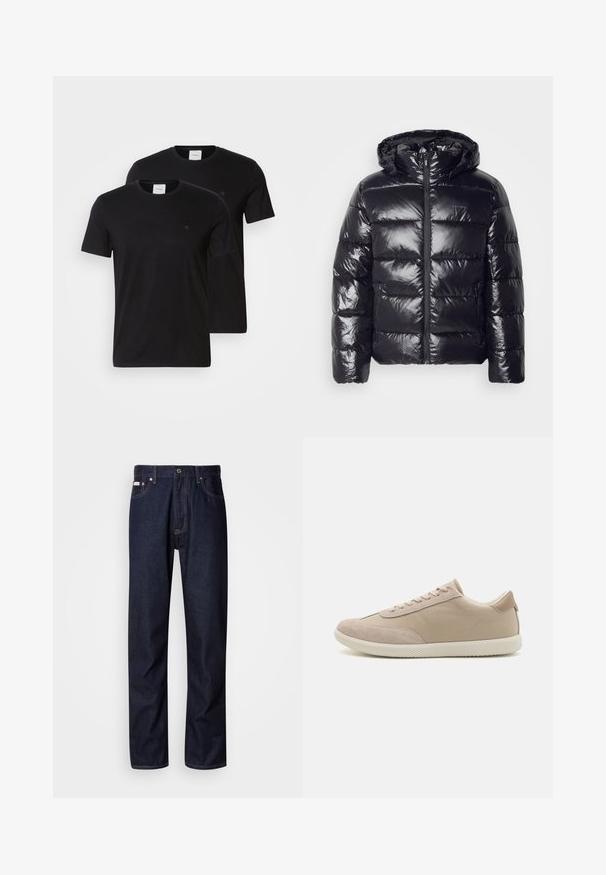 Zwarte pufferjack met een glanzende, gewatteerde textuur, voorzien van een capuchon, ritssluiting en elastische manchetten voor warmte en comfort.; Zwarte katoenen t-shirts met ronde hals en korte mouwen. Voorzien van een klein logo op de borst. Wordt geleverd als een set van twee.; Donkerblauwe denim jeans met een rechte snit, voorzien van een knoopsluiting, vijf zakken en contrasterende stiksels.; Beige sneaker met een mix van suede en canvas materialen, voorzien van veters, een ronde neus, een gestructureerde zool en een subtiele merklogo aan de zijkant.
