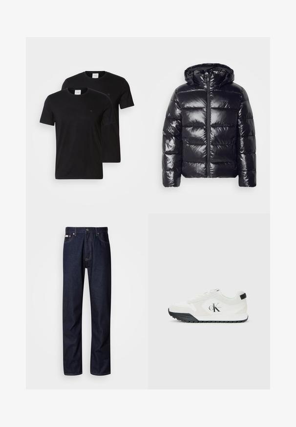 Black puffer jacket with a shiny, quilted texture, featuring a hood, zipper closure, and elastic cuffs for warmth and comfort.; Black cotton t-shirts with crew necks and short sleeves. Features small logo on the chest. Supplied as a pack of two.; Dark blue denim jeans with a straight-leg design, featuring a button fly, five pockets, and contrasting stitching details.; Calvin Klein white sneaker with black sole, suede and mesh panels, CK logo on side, and Calvin Klein branding on heel and sole.
