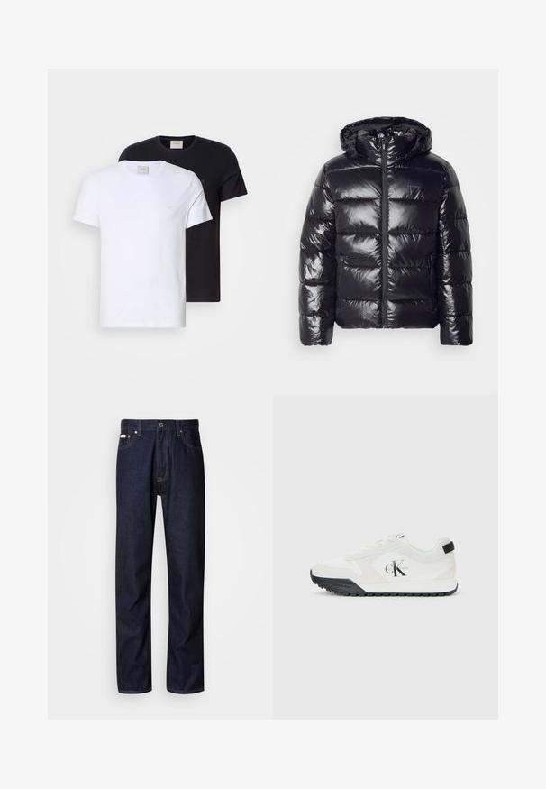 Černá péřová bunda s lesklou, prošívanou strukturou, s kapucí, zapínáním na zip a elastickými manžetami pro teplo a pohodlí.; Dvoje triček s kulatým výstřihem, jedno bílé a jedno černé, vyrobené z měkké bavlny. Obě mají jednoduchý design a malé logo na hrudi.; Tmavomodré džínové kalhoty se střihováním rovného nohavice, s knoflíkovým zapínáním, pěti kapsami a kontrastním prošíváním.; Bílé tenisky Calvin Klein s černou podešví, semišovými a síťovinovými panely, logo CK na boku a branding Calvin Klein na patě a podešvi.