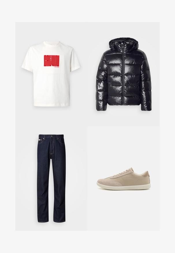 Black puffer jacket with a shiny, quilted texture, featuring a hood, zipper closure, and elastic cuffs for warmth and comfort.; White cotton t-shirt featuring a large red graphic print of "CALVIN KLEIN" on the front, with a crew neckline and short sleeves.; Dark blue denim jeans with a straight-leg design, featuring a button fly, five pockets, and contrasting stitching details.; Beige sneaker with a mix of suede and canvas materials, featuring laces, round toe, textured sole, and subtle brand logo on the side.