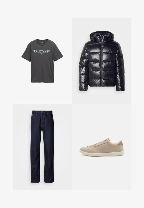 Zwarte pufferjack met een glanzende, gewatteerde textuur, voorzien van een capuchon, ritssluiting en elastische manchetten voor warmte en comfort.; Donkergrijze katoenen t-shirt met korte mouwen, ronde halslijn en tealkleurige opdruk met de tekst "TOM TAILOR" en "THE CASUAL DEPARTMENT."; Donkerblauwe denim jeans met een rechte snit, voorzien van een knoopsluiting, vijf zakken en contrasterende stiksels.; Beige sneaker met een mix van suede en canvas materialen, voorzien van veters, een ronde neus, een gestructureerde zool en een subtiele merklogo aan de zijkant.