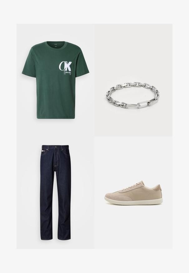 Veste coupe-vent noire avec une texture brillante et matelassée, dotée d'une capuche, d'une fermeture éclair et de poignets élastiques pour la chaleur et le confort.; T-shirt en coton vert avec des manches courtes, col rond, arborant un grand logo CK blanc sur la poitrine et le texte "Calvin Klein EST 1968".; Jean en denim bleu foncé avec une coupe droite, présentant une braguette à boutons, cinq poches et des détails de coutures contrastantes.; Basket beige avec un mélange de suède et de toile, dotée de lacets, d'un bout rond, d'une semelle texturée et d'un logo de marque discret sur le côté.; Bracelet en chaîne argentée avec des maillons ovales et rectangulaires au toucher lisse. Logo Calvin Klein gravé sur un maillon plat.