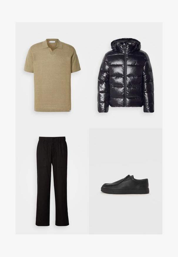 Černá péřová bunda s lesklou, prošívanou strukturou, s kapucí, zapínáním na zip a elastickými manžetami pro teplo a pohodlí.; Les Deux EMMANUEL - Polotričko - surplus green; Černé kalhoty s uvolněným střihem, vyrobené z lehké tkaniny. Mají elastický pas, knoflíkový uzávěr a dvě přední kapsy.; Černé kožené nazouvací boty s kulatou špičkou, prošitím a černou gumovou podrážkou. Hladký povrch s minimalistickým designem.