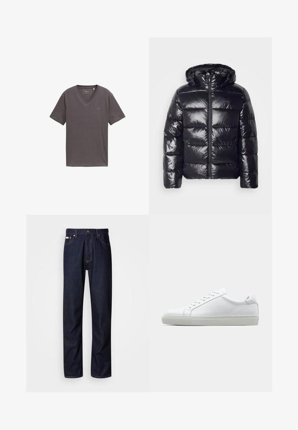 Čierna páperová bunda s lesklou, prešívanou textúrou, s kapucňou, zipsom a elastickými manžetami pre teplo a pohodlie.; Šedé tričko s výstrihom do V vyrobené z mäkkého materiálu, krátke rukávy a nenápadné logo na ľavej strane. Hladká textúra s uvoľneným strihom.; Tmavomodré jeans z denimu so strihom s rovnými nohavicami, obsahujúce zapínanie na gombíky, päť vreciek a kontrastné stehy.; Biele tenisky s hladkým koženým zvrškom a nízkym profilom. Majú zaoblenú špičku, šesť očiek a štruktúrovanú gumovú podrážku.