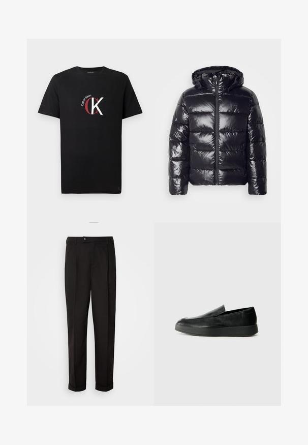 Czarna kurtka puchowa o błyszczącej, pikowanej fakturze, z kapturem, zapięciem na zamek oraz elastycznymi mankietami dla zapewnienia ciepła i komfortu.; Czarny bawełniany t-shirt z białym i czerwonym logo "Calvin Klein" oraz stylizowanym graficznym motywem "CK" na froncie. Krótkie rękawy.; Czarne spodnie o gładkiej fakturze, charakteryzujące się prostym krojem, dwoma przednimi kieszeniami oraz pojedynczym zapięciem na guzik w talii.; Calvin Klein HYBRID CUP czarny