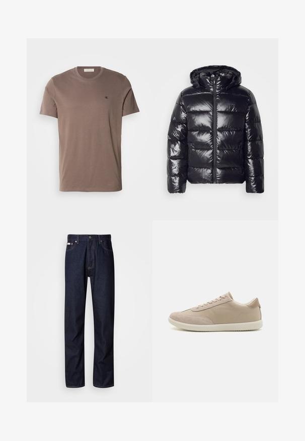 Casaco acolchoado preto com uma textura brilhante e acolchoada, apresentando capuz, fecho de correr e punhos elásticos para aquecimento e conforto.; T-shirt de algodão castanho com decote redondo, mangas curtas e um pequeno logótipo preto no lado esquerdo do peito. Textura suave e cor sólida.; Jeans de denim azul-escuro com um design de perna reta, apresentando um fecho de botão, cinco bolsos e detalhes de costura em contraste.; Sapatilha bege com uma combinação de materiais em camurça e lona, apresentando atacadores, bico redondo, sola texturizada e um discreto logótipo da marca na lateral.