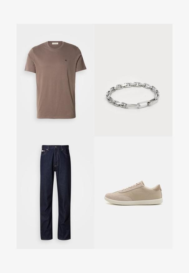 Black puffer jacket with a shiny, quilted texture, featuring a hood, zipper closure, and elastic cuffs for warmth and comfort.; Brown cotton t-shirt with a crew neck, short sleeves, and a small black logo on the left chest. Smooth texture and solid color.; Dark blue denim jeans with a straight-leg design, featuring a button fly, five pockets, and contrasting stitching details.; Beige sneaker with a mix of suede and canvas materials, featuring laces, round toe, textured sole, and subtle brand logo on the side.; Silver chain bracelet featuring oval and rectangular links with a smooth texture. Engraved Calvin Klein logo on a flat link.