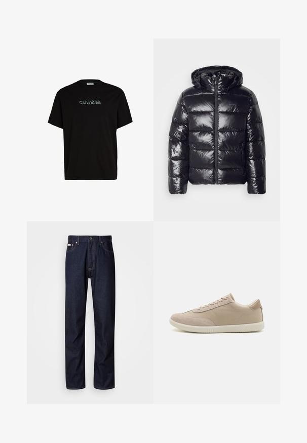 Abrigo acolchado negro con una textura brillante y acolchada, que cuenta con capucha, cierre de cremallera y puños elásticos para calidez y comodidad.; Calvin Klein SHADOW EMBOSSED LOGO - Camiseta estampada - ck black; Vaqueros de mezclilla azul oscuro con un diseño de pierna recta, que presentan un cierre de botón, cinco bolsillos y detalles de costura en contraste.; Zapatilla beige con una mezcla de materiales de ante y lona, que cuenta con cordones, punta redonda, suela texturizada y un sutil logo de la marca en el lateral.