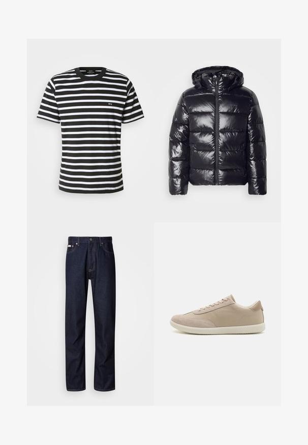 Jachetă puffer neagră cu o textură lucioasă, matlasată, având glugă, închidere cu fermoar și manșete elastice pentru căldură și confort.; Tricou cu dungi alb-negru, cu gât rotund, mâneci scurte și un mic logo brodat "MN" pe față. Fabricat dintr-un material moale din bumbac.; Blugi din denim de culoare albastru închis, cu un design drept, având un sistem de închidere cu nasturi, cinci buzunare și detalii de cusătură contrastante.; Adidas bej cu un amestec de materiale din piele întoarsă și pânză, având șireturi, vârf rotund, talpă texturată și un logo subtil al mărcii pe lateral.