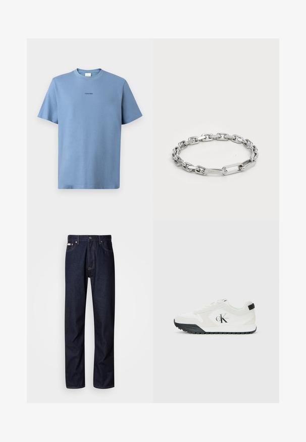 Fekete pufferszövet dzseki fényes, steppelt textúrával, kapucnival, cipzáras záródással és elasztikus mandzsettákkal a melegség és kényelem érdekében.; Világoskék pamut póló rövid ujjakkal, kerek nyakkivágással és diszkrét, fekete "Calvin Klein" logóval a mellkasán. Sima textúra.; Sötétkék farmernadrág egyenes szárú kialakítással, gombos cipzárral, öt zsebbel és kontrasztos varrási részletekkel.; Calvin Klein fehér sneaker fekete talppal, velúr és hálós panelek, CK logó az oldalon, valamint Calvin Klein felirat a sarkon és a talpon.; Ezüst lánc karkötő, ovális és téglalap alakú, sima felületű szemekkel. A lapos linken gravírozott Calvin Klein logó.