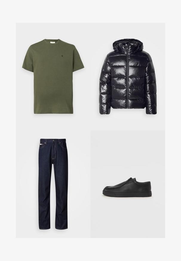 Svart puffjacka med en glänsande, quiltad textur, utrustad med huva, dragkedjeslutning och elastiska manschetter för värme och komfort.; En neutral olivgrön kortärmad T-shirt med rund halsringning och en liten svart "cK"-logga på vänster bröst.; Mörkblå denimjeans med rak bendesign, som har knappgylf, fem fickor och kontrasterande sömmar.; Svart lädersko med rundad tå, med sömmande detaljer och svart gummisula. Slät textur med minimalistisk design.