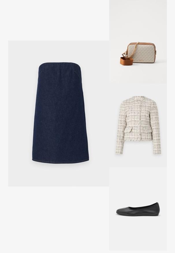 Krémový a černý strukturovaný tweedový blazer s kulatým výstřihem, zapínáním na knoflíky a dvěma předními kapsami. Roztrhané okraje a přiléhavý design.; Tmavě modrá džínová sukně bez ramínek se střídmým siluetou, zdobená světlým prošíváním kolem lemu a bočních švů pro zvýraznění detailu.; Černé kožené baletní byty s kulatou špičkou, hladkou texturou, minimálními švy a flexibilním designem podrážky.; Crossbody kabelka z krémové tkaniny s opakujícím se vzorem loga MK, hnědými koženými detaily a zlatým řetízkovým popruhem s odnímatelným hnědým popruhem.