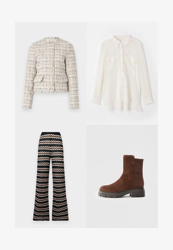 Crème en zwarte getextureerde tweed blazer met een ronde hals, knoopsluiting en twee voorkeurs. Gescheurde randen en slim fit ontwerp.; Witte overhemd met knopen, gemaakt van lichtgewicht stof. Heeft een klassieke kraag, twee borstzakken en een iets langere achterkant.; Gebreide flare-broek met een zigzagpatroon in zwart, wit en bruin. Beschikt over een textuurafwerking en een elastische tailleband.; Bruine suede enkellaars met elastische zijpanelen, ronde neus en een dikke rubberen zool met een gestructureerd loopvlakpatroon.