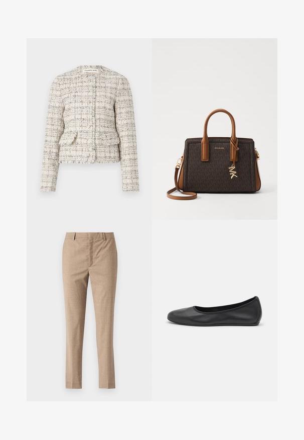 Kermesin ja mustan tekstuurin omaava tweed-puku, jossa on pyöreä kaula-aukko, nappikiinnitys ja kaksi etup pockets. Repaleiset reunat ja napakka malli.; Valkoinen paita, jossa on pyöreä pääntie, pleatattu etuosa ja kolmannespuolen puffihihat. Valmistettu kevyestä kankaasta, joka tuntuu pehmeältä.; Beige-tailored housut, joissa on sileä rakenne, suorat lahkeet ja vetoketju. Edessä taskut ja hienovarainen herringbone-kuvio.; Musta nahkainen ballerina, jossa on pyöristetty kärki, sileä pinta, minimaalinen ommelkoristelu ja joustava pohjamuotoilu.; MICHAEL Michael Kors LAILA SATCHEL - Käsilaukku - brown