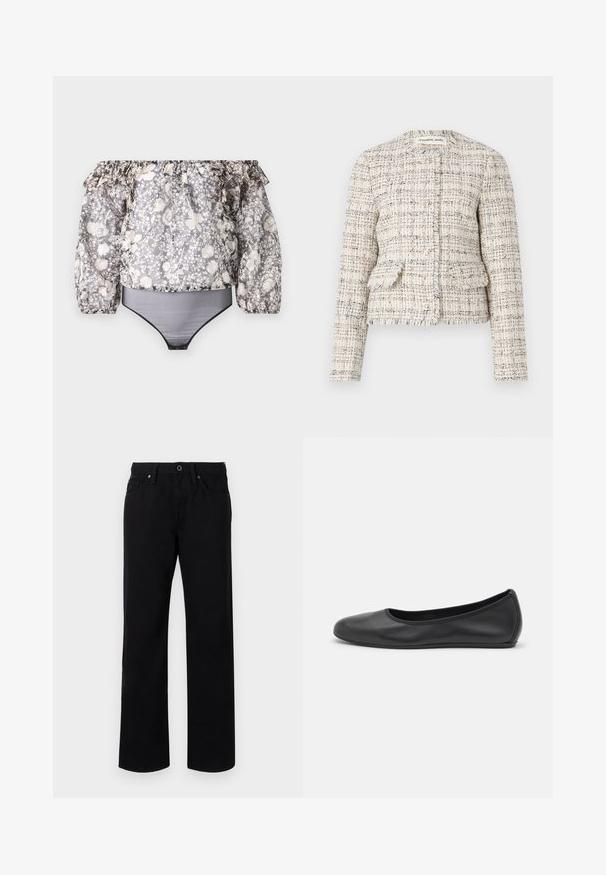 Kremo ir juodo tekstūruoto tweed švarko, su apvaliu iškirpimu, mygtukų užsegimu ir dviem priekinių kišenių. Išplėšti kraštai ir prigludęs dizainas.; Off-the-shoulder gėlių bodysuit su raukšlėmis rankovėmis, juodu apvadu ir derinta pilkos, baltos ir smėlio spalvų raštu. Medžiaga yra lengva.; Juodos tiesaus kirpimo džinsai, pagaminti iš medvilnės, su priekiniais mygtukais, diržo kilpomis ir penkiomis kišenėmis. Lygaus paviršiaus, be raštų.; Juodai odiniai baletai su apvaliu pirštu, lygi texture, minimalus siuvimo detales ir lanksčiu padų dizainu.